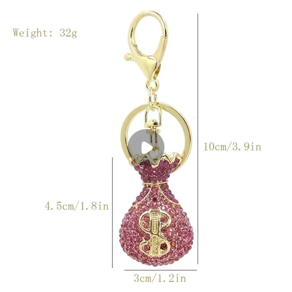 Pink Rhinestone + Gold Money Bag Bling Keychain, Purse Charm - Picture 10 of 17